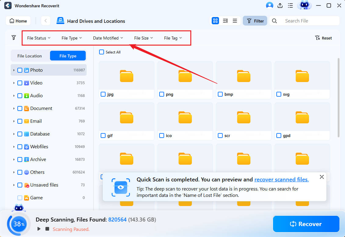 Фильтр типов файлов в Wondershare Recoverit