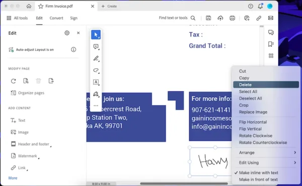 Удаление изображения подписи в Adobe Acrobat