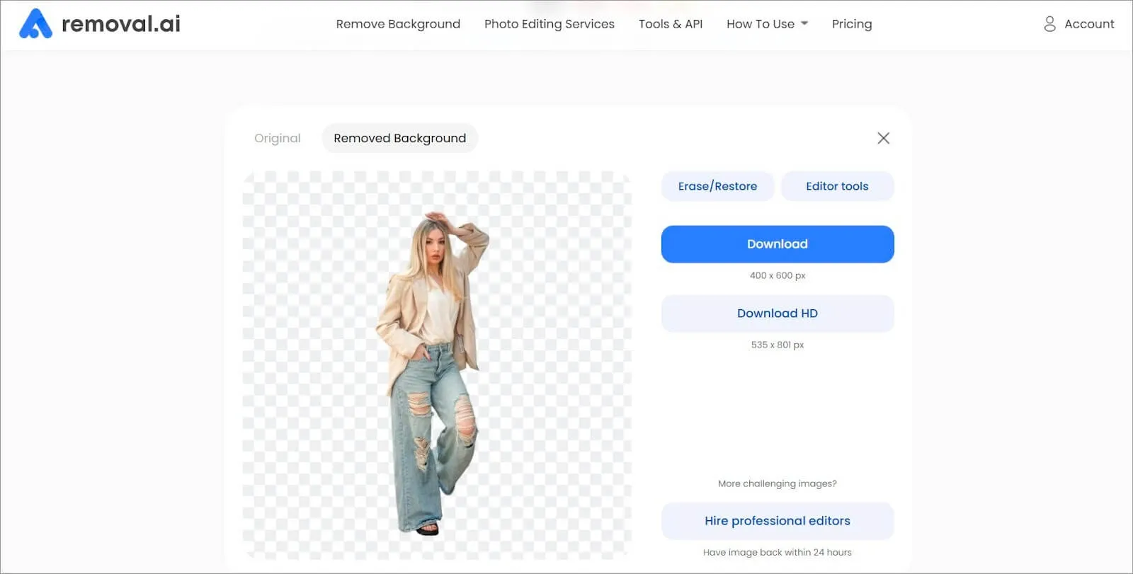Результат удаления заднего плана в Removal.ai