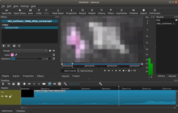 Интерфейс Shotcut с окном просмотра и таймлайном