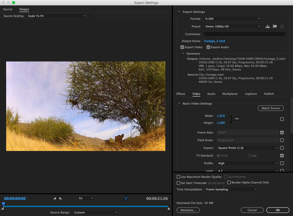 Export Settings в Adobe Media Encoder с форматом H.264 и пресетом Vimeo 1080p HD