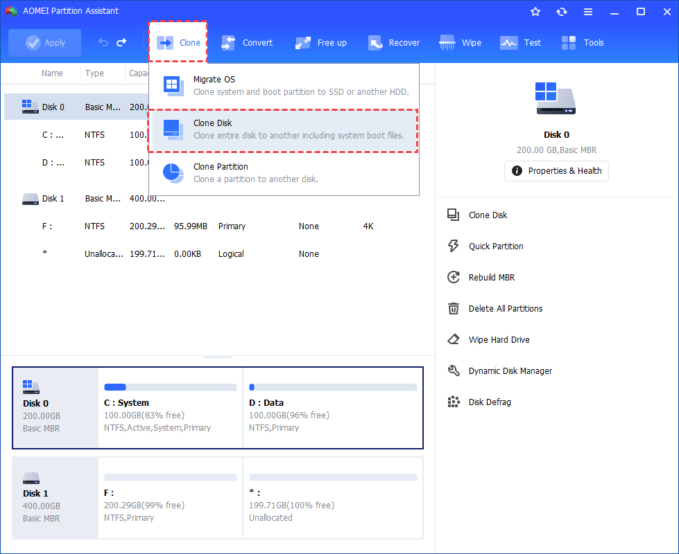Выбор операции клонирования диска в AOMEI Partition Assistant