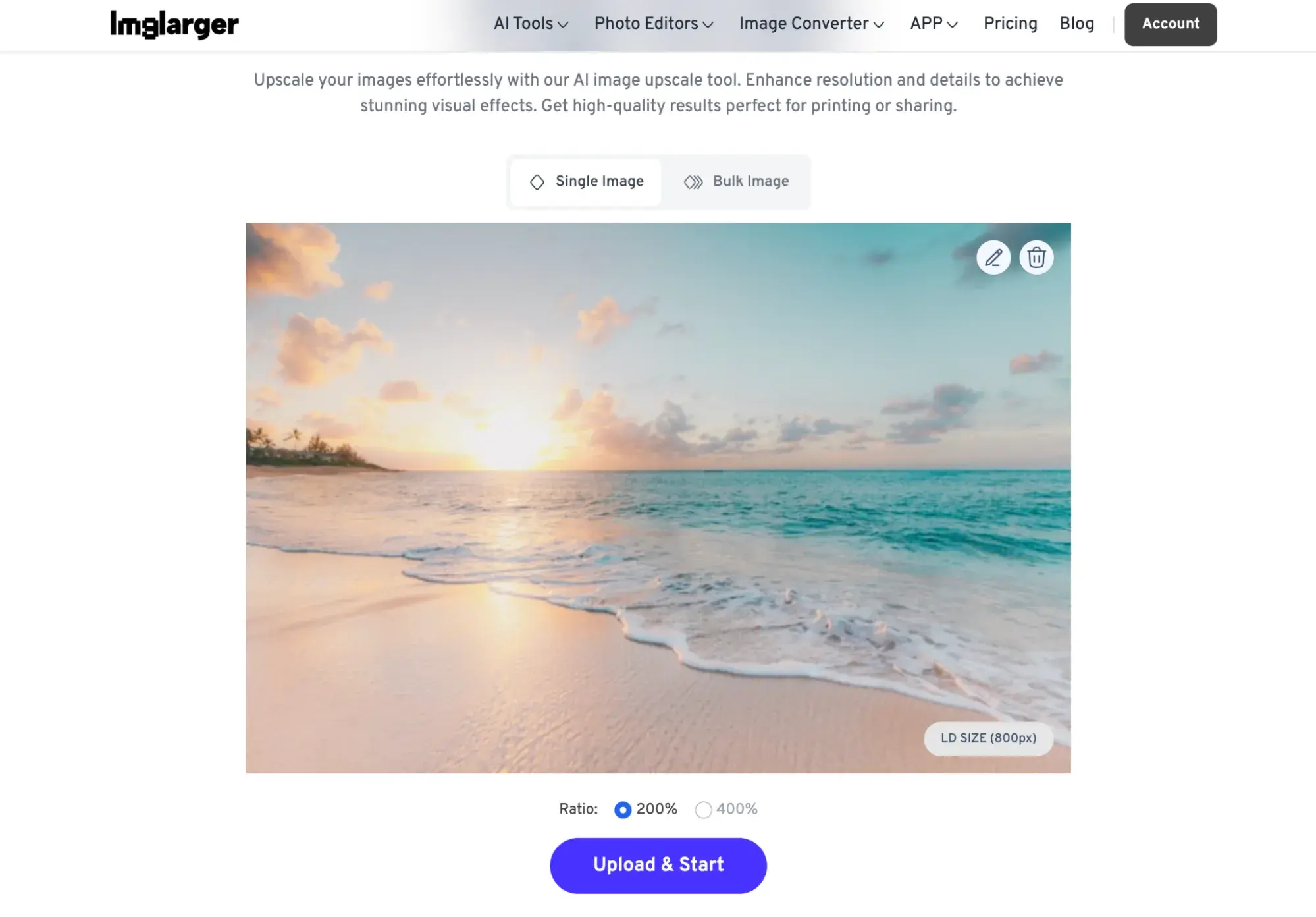 Интерфейс ImgLarger AI Image Enlarger с масштабом и Upload & Start