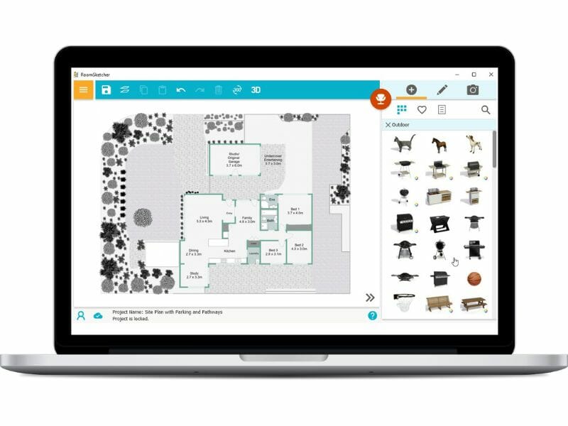 RoomSketcher: ландшафтный план и каталог наружных объектов в интерфейсе