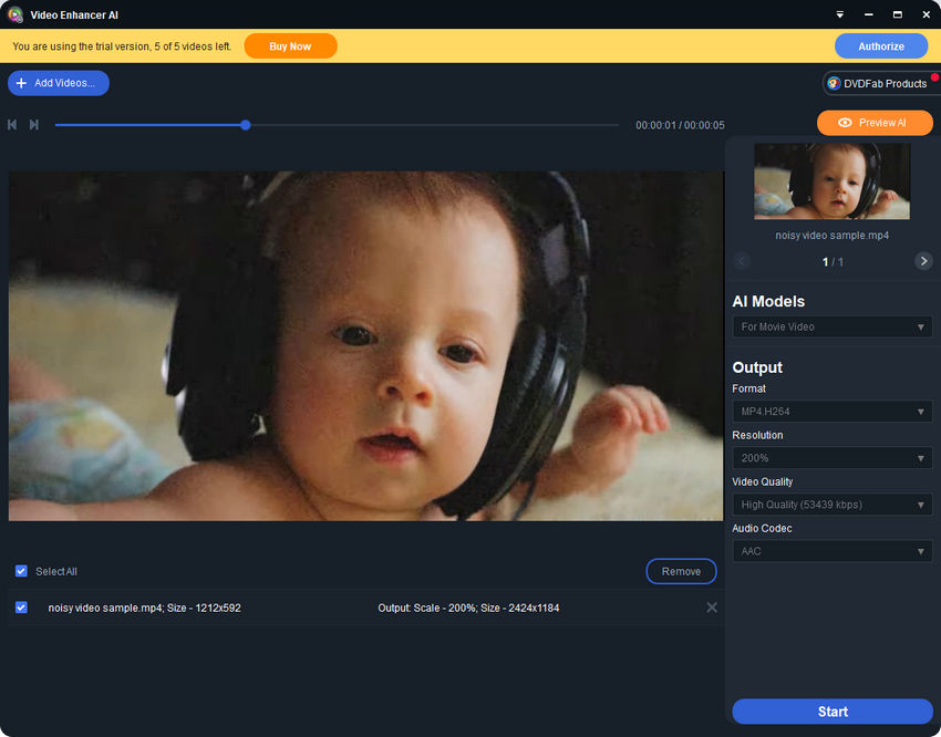 Интерфейс DVDFab Video Enhancer AI с выбором модели, разрешения и качества