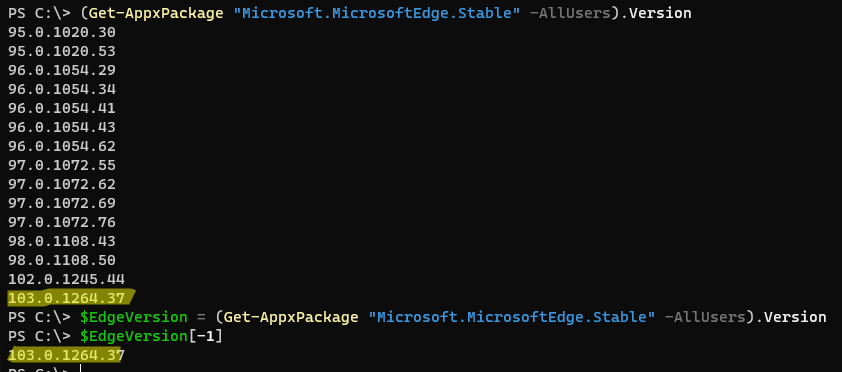 Список версий Edge, полученный старой командой Get-AppxPackage