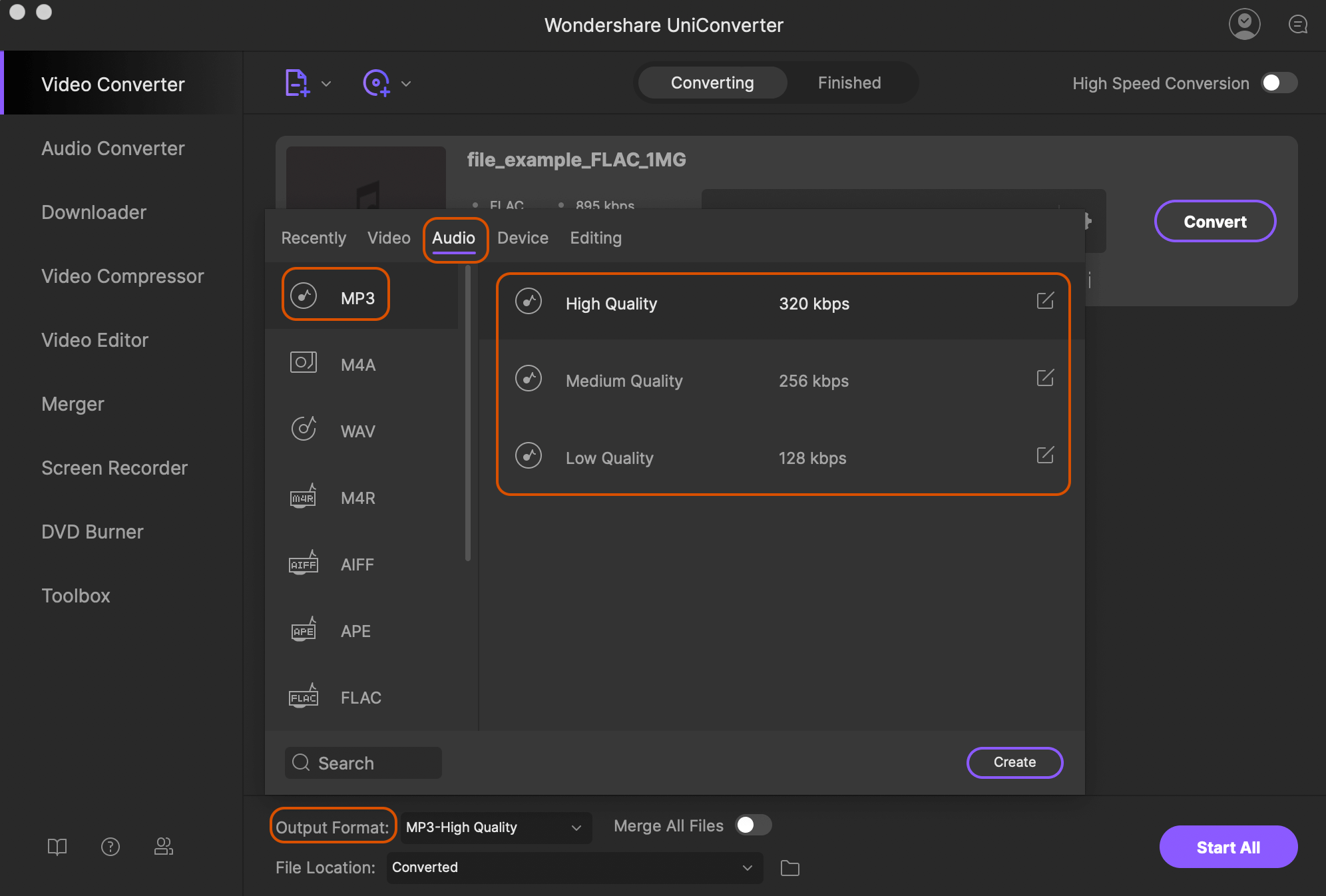 Выбор MP3 для CAF в UniConverter