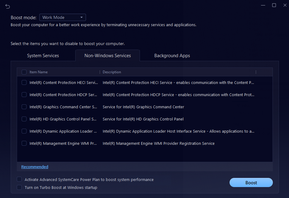 Настройка Turbo Boost в Advanced SystemCare с режимом Work Mode