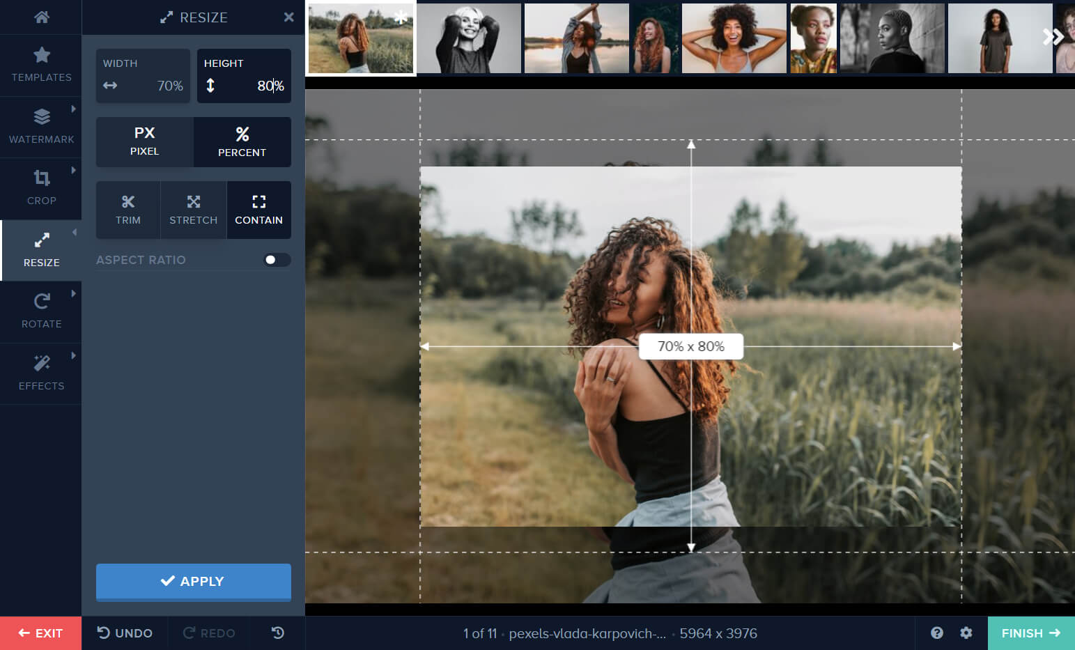 Инструмент Resize в Watermark.ws с настройками ширины, высоты, Pixel и Percent