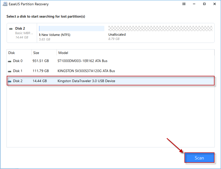 Выбор диска и кнопка Scan в EaseUS Partition Recovery
