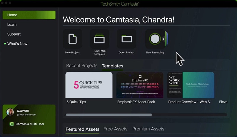 Интерфейс Camtasia для записи и монтажа