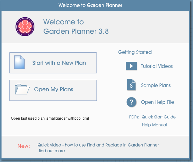 Стартовое окно Garden Planner с командами Start with a New Plan, Open My Plans, Tutorial Videos и Sample Plans