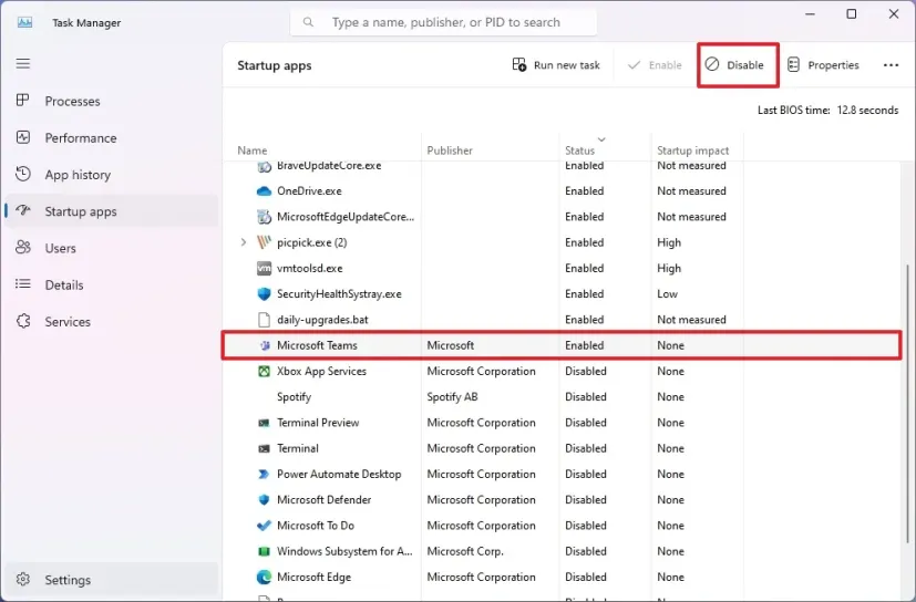 Раздел Startup apps в Диспетчере задач Windows 11