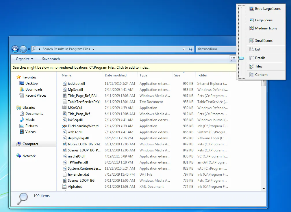 Список крупных файлов в Проводнике Windows