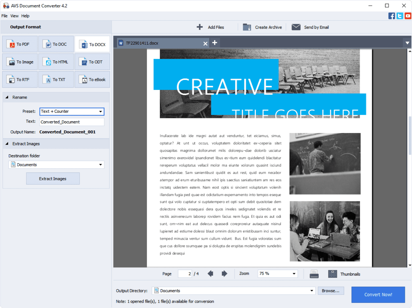 AVS Document Converter с открытыми блоками Rename и Extract Images