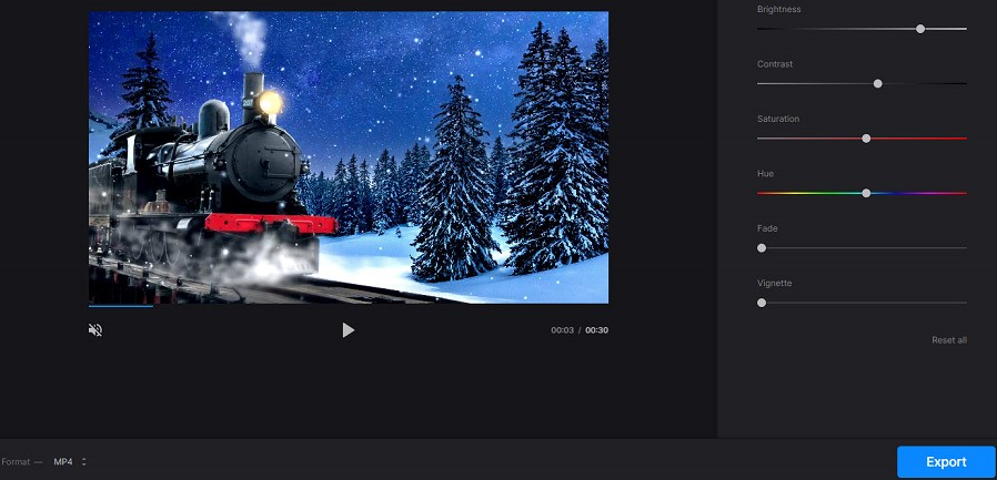 Панель Brightness Contrast Saturation Hue Fade и Vignette в Clideo