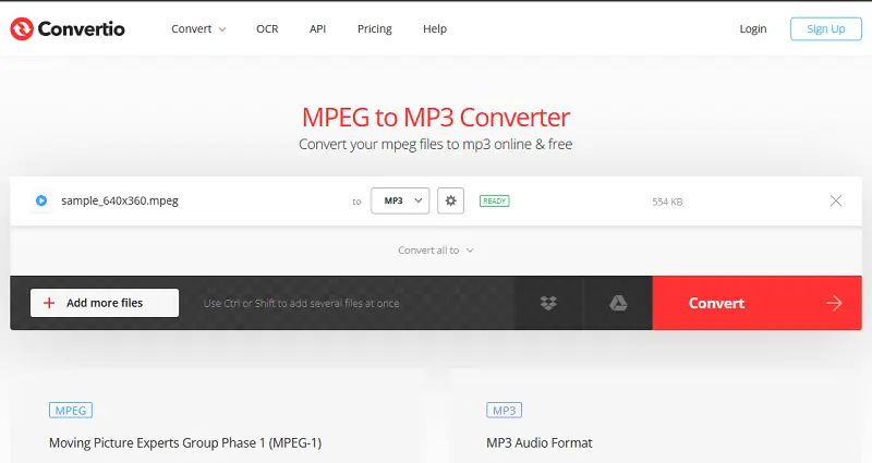 Convertio — MPEG to MP3, выбор MP3 и Convert