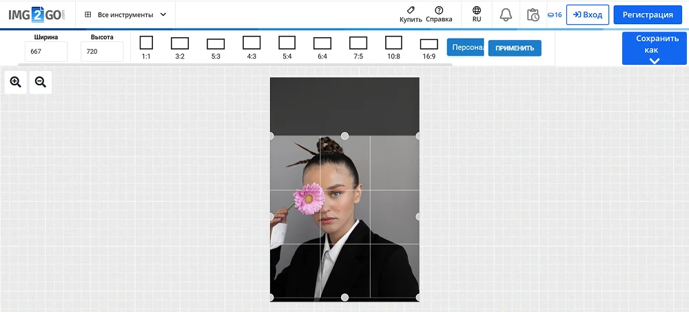 Интерфейс обработки изображения в Img2Go