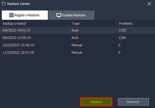Restore Center со списком автоматических и ручных копий
