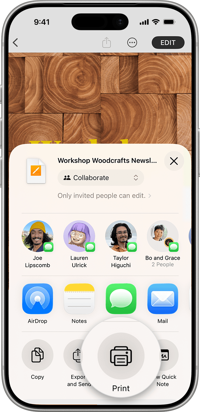 Команда печати в меню действий iPhone
