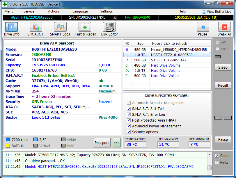 Интерфейс Victoria HDD SSD 5.37