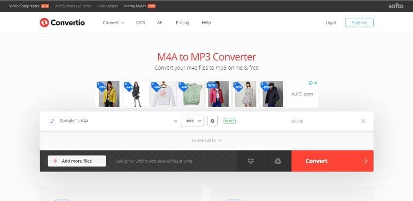 Convertio: загруженный M4A, выбор MP3, настройки и кнопка Convert