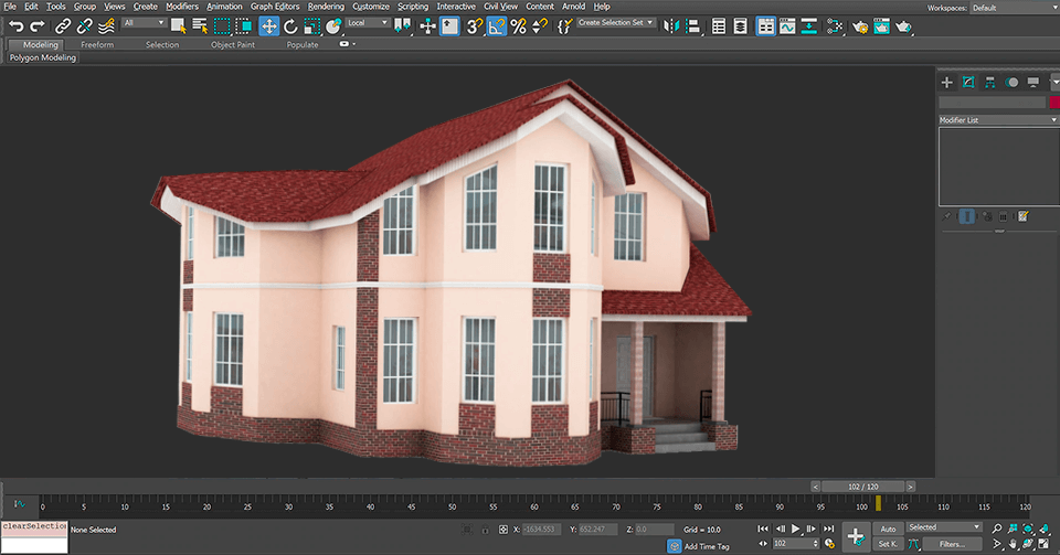 Интерфейс 3ds Max с трехмерной моделью частного дома