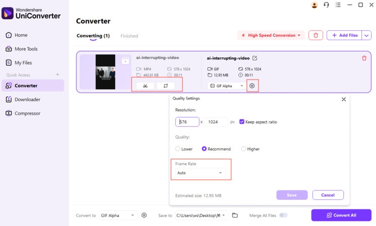Настройка фрагмента и параметров GIF в Wondershare UniConverter
