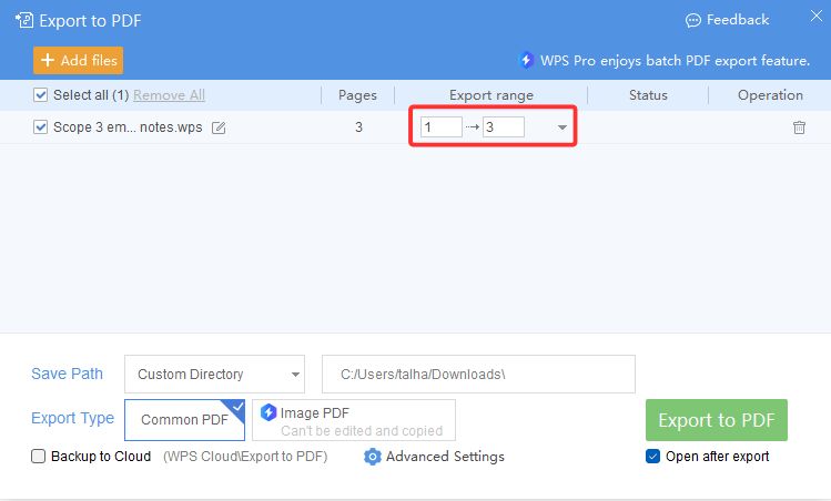 Окно настройки экспорта PDF в WPS Office