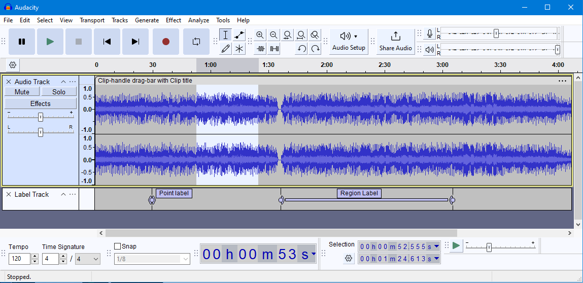Audacity: редактор со стереоволной, выделенным фрагментом и дорожкой меток