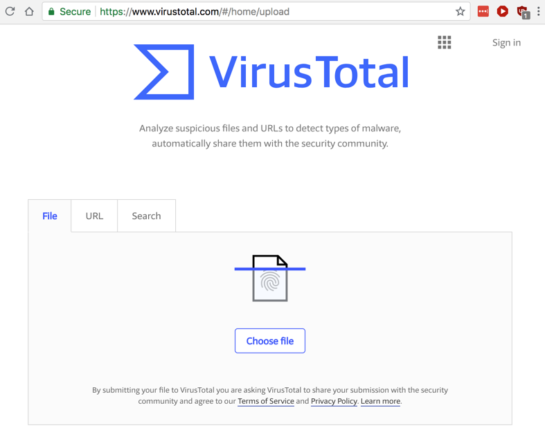 Интерфейс загрузки файла и URL в VirusTotal
