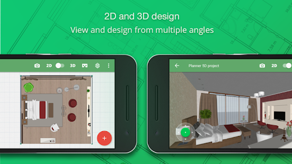 Мобильный интерфейс Planner 5D в режимах 2D и 3D