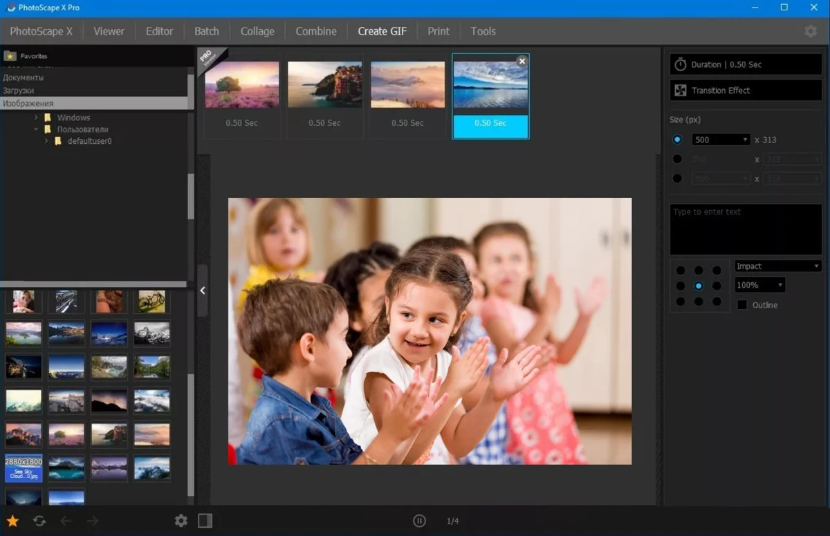 Окно PhotoScape X с вкладками Viewer Editor Batch Collage и детской фотографией