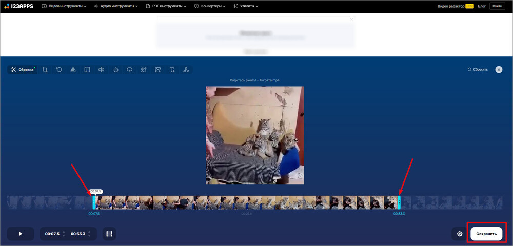 Голубые маркеры обрезки в Online Video Cutter