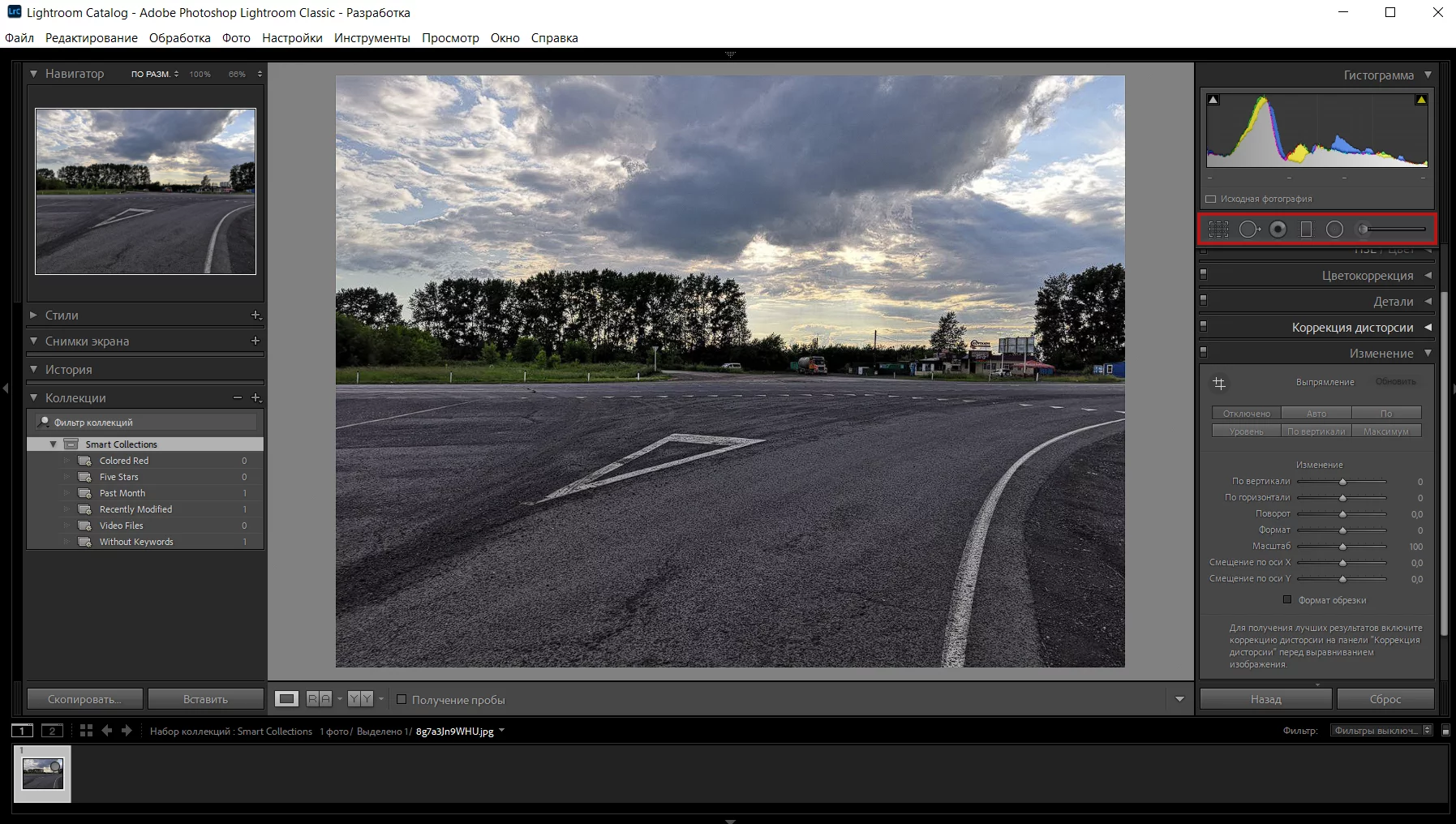 Рабочая поверхность Lightroom Classic с гистограммой