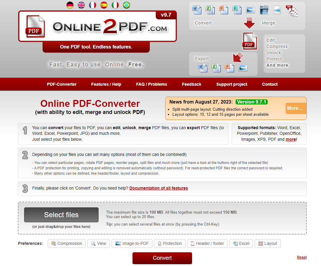 Интерфейс Online2PDF