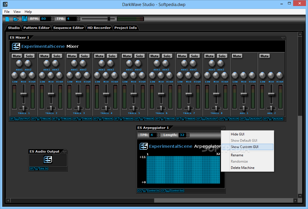 Интерфейс DarkWave Studio с виртуальной студией и дорожками