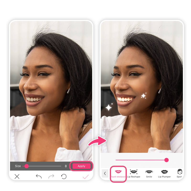 YouCam Perfect: интерфейс Teeth Whitener с разметкой области и ползунком