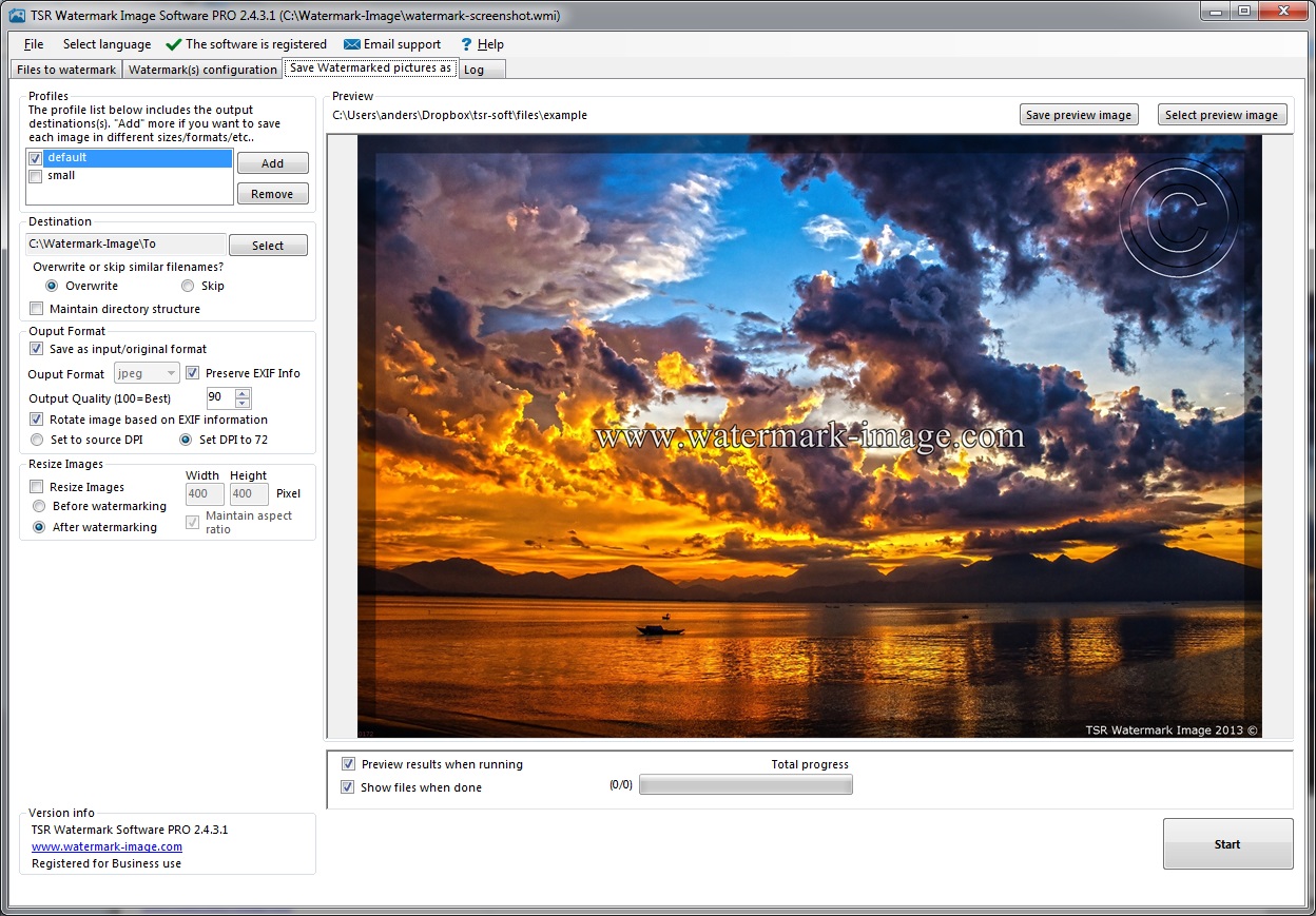 Настройка сохранения результата в TSR Watermark Image Software