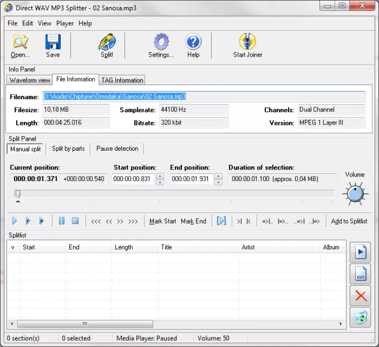 Direct WAV MP3 Splitter: панель разбиения и параметры аудиофайла