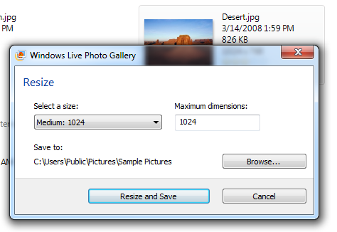 Старый диалог Resize в Microsoft Photo Gallery