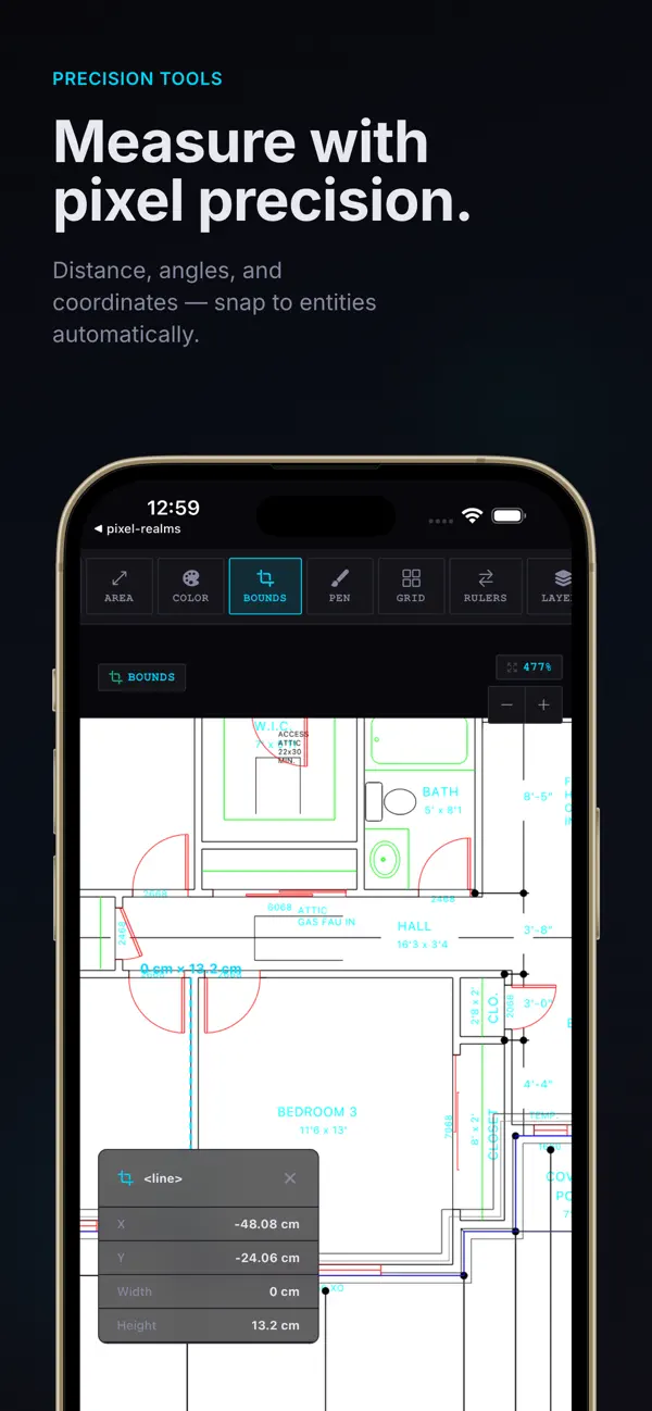 Измерение DXF в приложении DXF Viewer на iPhone/iPad