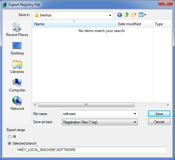 Сохранение выбранной ветви реестра Windows 7 в REG-файл