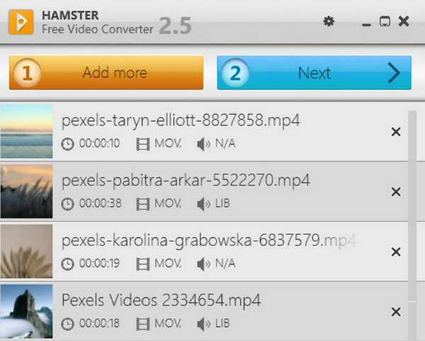 Список добавленных файлов в Hamster Free Video Converter и кнопки Add more и Next