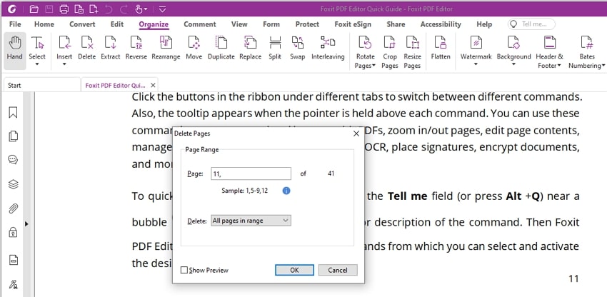 Команда Delete Pages и диапазон страниц в Foxit PDF Editor