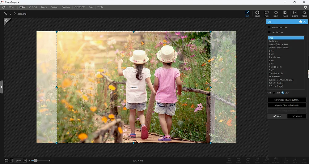 Окно кадрирования фотографии в PhotoScape X