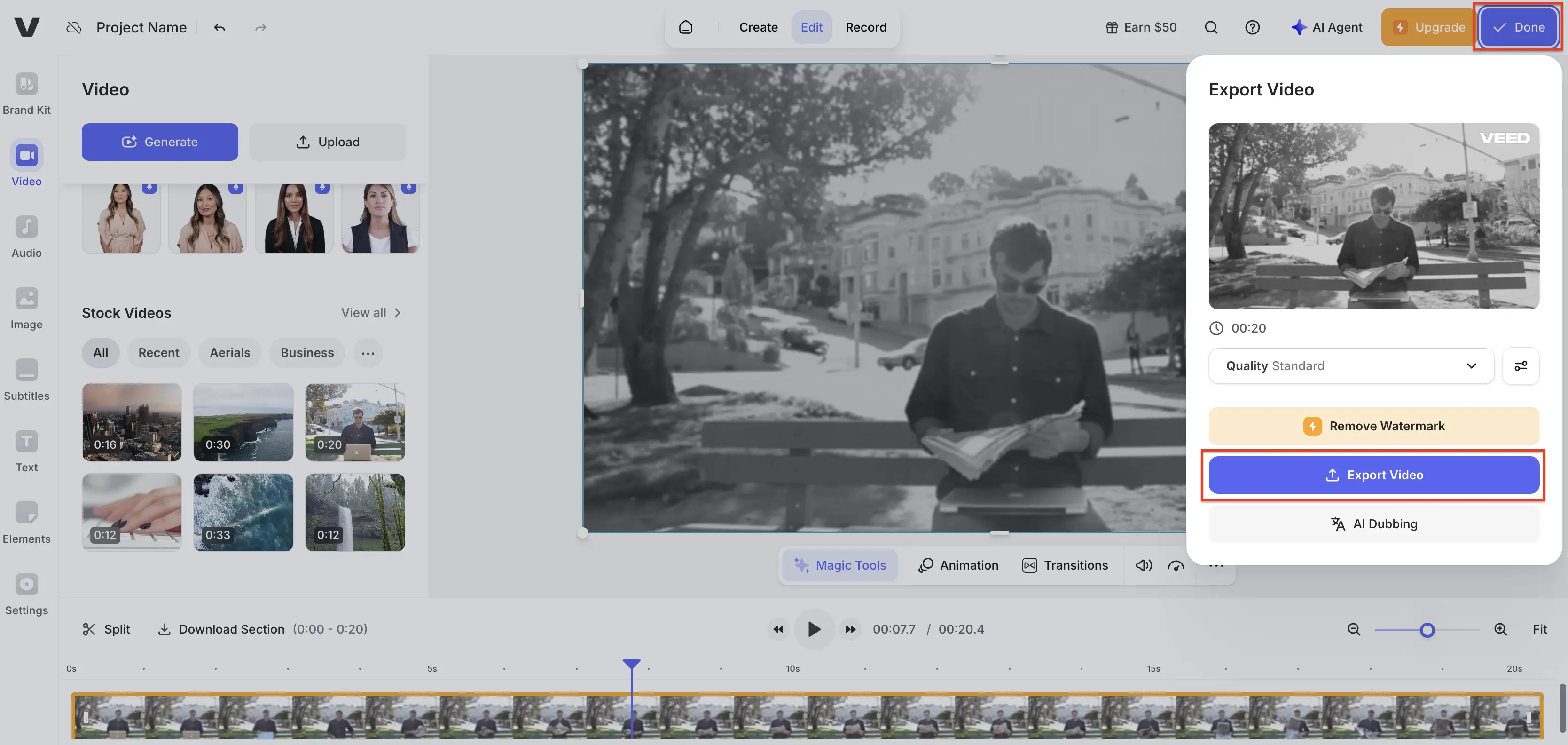 Экспорт черно-белого ролика из VEED.IO