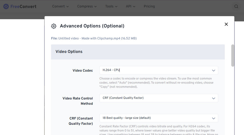 Advanced Options FreeConvert с настройкой видеокодека