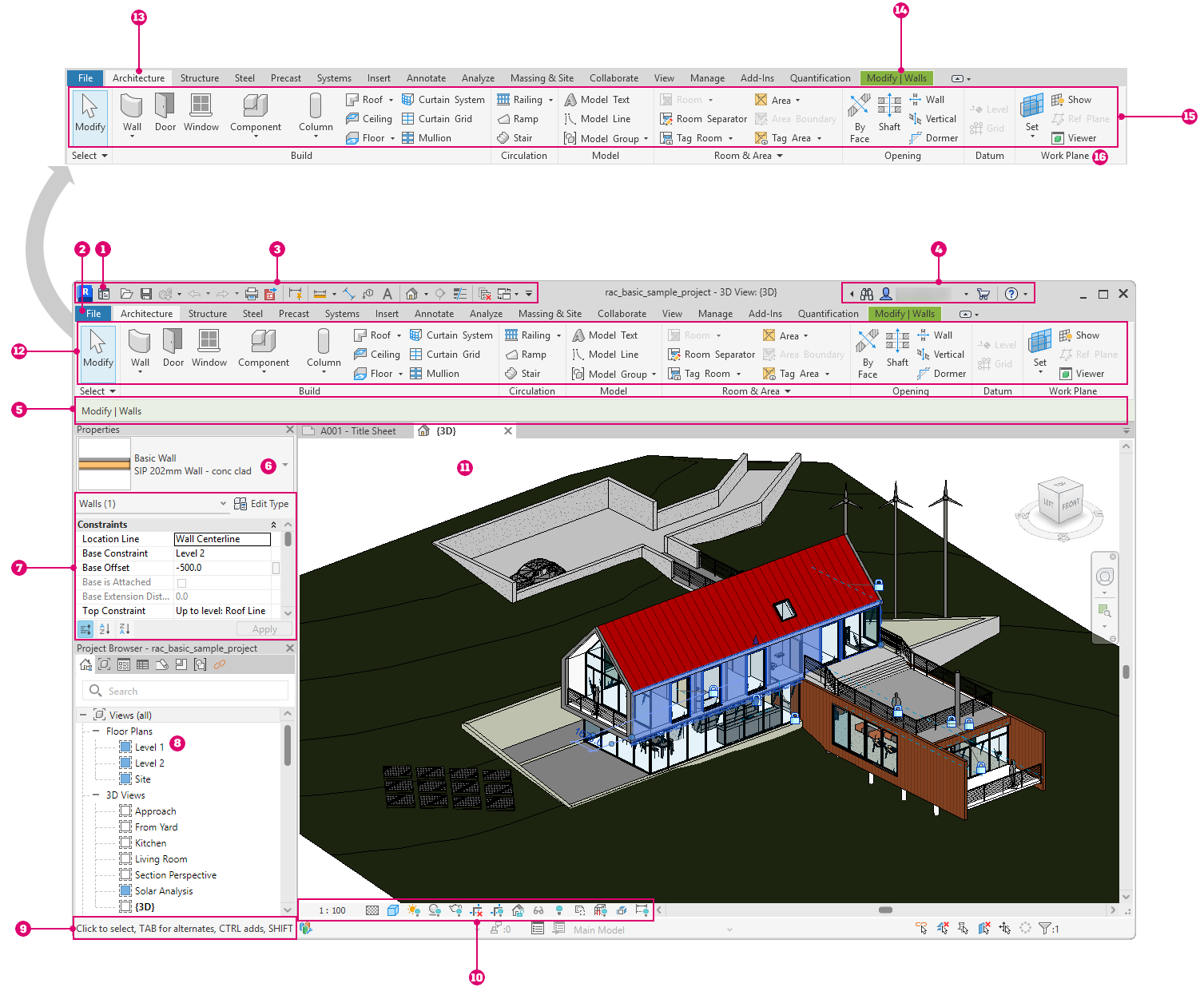 Интерфейс Autodesk Revit с Project Browser, Properties и 3D-видом