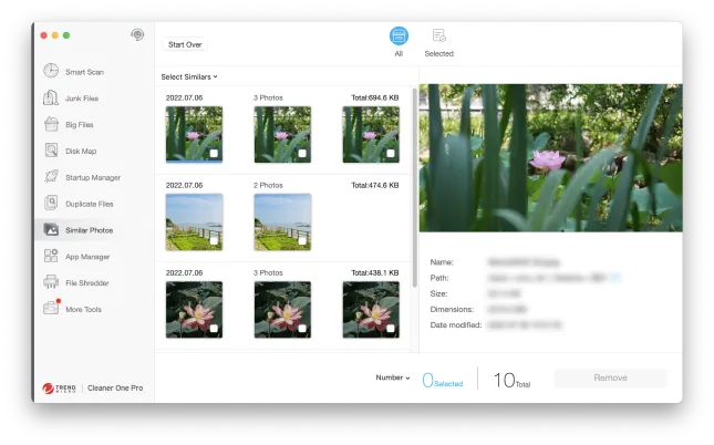 Cleaner One Pro для Mac: Similar Photos с группами похожих снимков, предпросмотром и кнопкой Remove